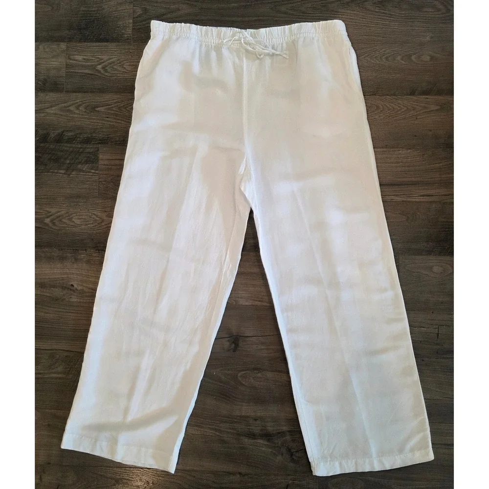 Women's sz XL White Linen Blend Drawstring Wide Leg Pants High Rise Summer